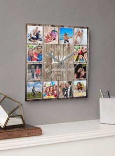 Create your own personalized 12 photo collage, roman number wall clock with your custom images on a rustic farmhouse style wooden plank background. #industrialstyle #industrialdecor #rusticdecor #zazzlemade #wallclock #photogifts Farmhouse Collage Picture Frames, Family Photo Wall Clock, Resin Wall Clock With Photo, 12 Photo Collage, Wooden Plank, Number Wall, Square Wall Clock, Love Family, Rustic Farmhouse Style