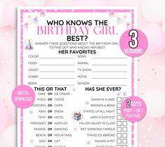 a pink birthday party game with the words, who knows the birthday girl? best?