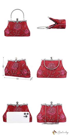 BirdinBag – Chic Embroidered Beaded Evening Bag with Floral Accents and Top Handle – Bird in Bag Grey Bag, Red Bag, Novelty Bags, Shoulder Chain, Bird In Bag, Evening Bags, Top Handle, Gray Color, Satin