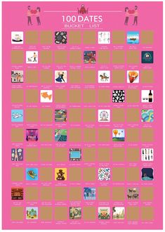 a pink poster with pictures and words on it that says 100 dates to the event