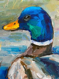 a painting of a duck with blue and yellow feathers on it's head, sitting in the water