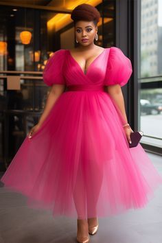 Hot Pink Dress Plus Size, Dresses For 50th Birthday Party, Wrap Gown Styles, Tulle Sleeve Dress, Latest Material Gown Styles, Hot Pink Dress Outfit, Plus Size Gala Dress, Gown For Party, Corporate Gowns