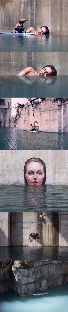 three different images of people floating in the water with their heads submerged to the ground