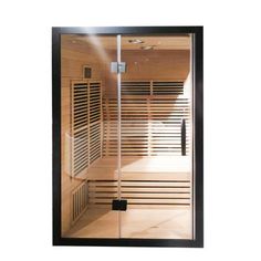 the inside of a sauna with wooden shutters