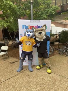 two people in mascot costumes standing next to a sign that says flullalandt