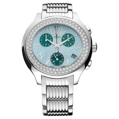 Chronograph watch in steel bezel set with 120 diamonds 1.61 cts vert mother of pearl dial, steel bracelet quartz movement. Diamond Watches For Men, Diamond Watch, Steel Bracelet, Chronograph Watch, Bezel Setting, Quartz Movement, Chronograph, Jewellery And Watches, Mother Of Pearl