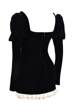 a black top with white ruffles on the bottom and one shoulder is shown