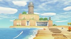 an animated image of a beach with a tower in the background