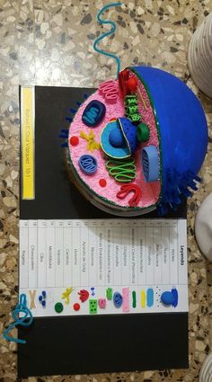 a birthday cake that is on top of a piece of paper with scissors and other items