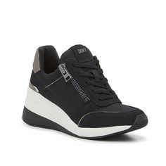 DKNY-Kaden Wedge Sneaker Bring some quirky style to your look with the Dkny Kaden wedge sneaker. The chunky sole elevates your look with ease, while cushioned details pad you steps. Black Wedge Sneakers, Quirky Style, Wedge Sneaker, Wedges, Bring It On, Sneakers, Black