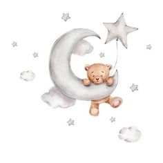 a teddy bear sitting on the moon with stars in the sky above it, flying through the air