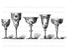 four wine goblets are lined up in a row, vintage line drawing or engraving