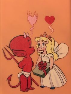 an image of a cartoon character kissing a devil on the cheek and holding a gift box