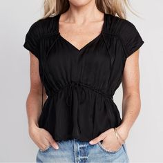 Waist-Defined Satin Shirred Tie-Front Blouse - Black Black V-neck Rayon Blouse, Black Rayon Blouse For Summer, Black Rayon Summer Blouse, Black Rayon Short Sleeve Tops, Black Short Sleeve Rayon Top, Black Casual Rayon Tops, Casual Black Rayon Tops, Chic Black Rayon Blouse, Chic Black Rayon Top