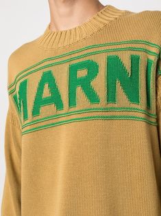 Find MARNI Logo-print Knit Jumper on Editorialist. beige/green cotton knitted construction logo print to the front crew neck long sleeves straight hem Green Cotton Sweater With Logo Print, Green Cotton Jacquard Knit Sweater, Crewneck Sweaters, Construction Logo, Jw Anderson, Knit Jumper, Green Cotton, Logo Print, Crew Neck Sweater