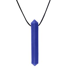 a blue necklace with a black cord and an arrow on the end is shown in front of a white background