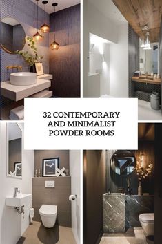 the interior of a bathroom is shown in four different pictures with text that reads 32 contemporary and minimalist powder rooms