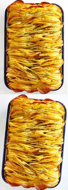 two pans filled with cooked potatoes sitting side by side