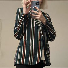 Size S(26) New, Never Worn Casual Striped Blazer For Office, Casual Striped Outerwear For Office, Casual Striped Blazer For Work, Striped Casual Blazer For Business Casual, Casual Tailored Striped Blazer, Retro Striped Outerwear For Work, Striped Retro Outerwear For Work, Zara Campaign, Zara Tweed Blazer