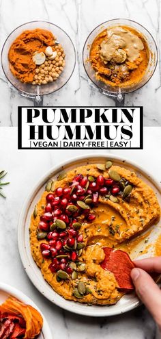 pumpkin hummus with pomegranates and seeds in bowls on a marble table