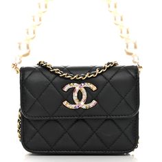 CHANEL Lambskin Quilted Zirconium Pearl Card Holder Flap With Chain Black 1428485 | FASHIONPHILE Luxury Quilted Wallet On Chain For Evening, Luxury Black Quilted Wallet On Chain, Luxury Quilted Leather Wallet On Chain, Black Quilted Wallet On Chain For Evening, Luxury Black Quilted Wallets, Luxury Quilted Rectangular Wallet On Chain, Luxury Quilted Party Bag, Elegant Quilted Rectangular Wallet, Elegant Quilted Wallet For Formal Occasions