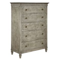 the chest of drawers is made out of wood and has five drawers, one with two handles