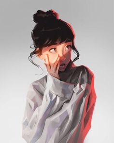 a digital painting of a woman talking on the phone with her hand to her face