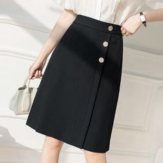 Ladies Elegant A-line Skirts Korean Style Solid Color High Waist Women – jetechband Classic Black A-line Skirt, Elegant Mini Skirt With Buttons, Black A-line Mini Skirt For Work, Elegant Buttoned Pencil Skirt, Elegant Buttoned Mini Skirt For Spring, Elegant Pencil Skirt With Buttons, Black Relaxed Knee-length Pencil Skirt, Knee-length Mini Skirt For Office, Elegant Knee-length Bottoms With Buttons