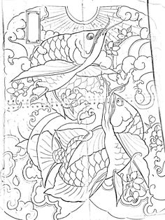 an adult coloring page with fish and waves