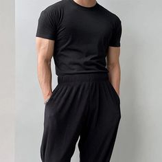 "- Model is 5ft 11\" (180cm) tall, 150 lbs(68kg) weight and wearing a size L.M (fitted), size L (loose)Elevate your wardrobe with our Toji Compression Short-sleeve T-shirt, the epitome of modern elegance and versatility of Korean Men's Fashion." Outfits Streetwear, Mens Fashion Casual Outfits, Round Neck Tees, Compression Shorts, Streetwear Tshirt