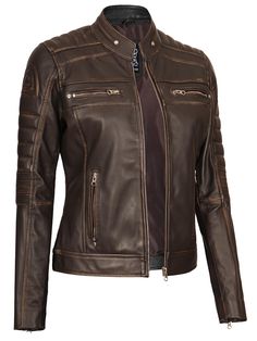 Upgrade your style with Austin's Dark Brown Leather Jacket. This iconic piece features an edgy, rich brown hue, quilted details, and a timeless rub-off style. It has been meticulously crafted for sophistication and a biker-inspired look. Specification: Color: Dark Brown Material: 100% Lambskin Leather Closure: Zipper front Pockets: Four Zippered pockets and one internal pocket. Lining: Soft and Comfortable polyester lining for maximum comfort Leather Motorcycle Jacket Women, Brown Cafe, Cafe Racer Leather Jacket, Motorcycle Jacket Women, Motorcycle Leather Jacket, Womens Moto Jacket, Cafe Racer Style, Womens Black Leather Jacket, Cafe Racer Jacket