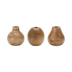 three wooden vases sitting next to each other