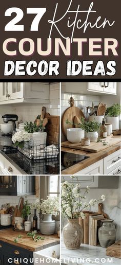 kitchen counter decorated with white flowers and greenery in vases on top of the counter