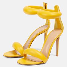 Elevate your style with these yellow stiletto-heeled sandals featuring open-toe design, padded ankle straps for comfort, and a striking look. Perfect for making a bold fashion statement. Color: Yellow Heel Type: Stiletto heel Heel height: 4.13 inches/105 mm approx Product measurements were taken using size 8. Please note that measurements may vary by size. Toe: Round open toe No platform Handcrafted US sizing. Fits true to size. Fashions Designs, Gianvito Rossi Heels, Cowboy Shoes, Thigh High Heels, Dance Heels, Yellow Heels, Wedge Heel Boots, Winter Fashion Boots, Thigh High Boots Heels