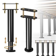 an image of a set of metal poles in different positions and sizes with measurements for each pole