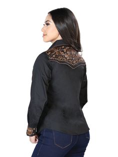 40% Polyester 60% cotton Western design Adjustable button cuffs Long sleeve El Señor De Los Cielos Black/Brown Western Design, The Heavens, Western Shirt, Western Shirts, The Lord, Women Long Sleeve, Black And Brown, High Neck Dress, Long Sleeve Blouse