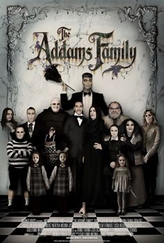 the addams family movie poster with an adult and children standing in front of it