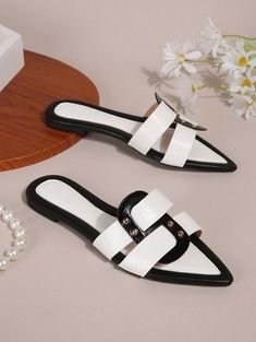 Black and White  Collar     Embellished   Women Shoes White Flat Sandals, Sandals For Ladies, Women Flat Sandals, New Flat, White Flat, Sandals Flat, Outdoor Slippers, Red Bottoms, Womens Sandals Flat