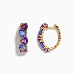 Effy 14K Yellow Gold Amethyst, Tanzanite and Diamond Hoop Earrings Purple Tanzanite Gemstone Earrings, Purple Multi-stone Earrings For Anniversary, Yellow Stone, Diamond Hoop Earrings, Gold Yellow, Sapphire Ring, Round Diamonds, Gold Metal, Diamond Earrings