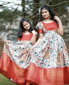 Mother Daughter Long Frocks, Long Frocks From Old Pattu Sarees, Mother Daughter Frock Design, Frocks For Women Pattu Long Frocks For Women, Pattu Saree Frocks Designs, Long Frocks Pattu, Mom And Daughter Long Frocks, Narayanpet Long Frocks For Kids, Saree Frock Dresses For Kids