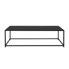 a black coffee table sitting on top of a white floor next to a metal frame