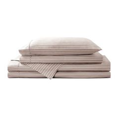 three striped sheets are folded on top of each other, with one sheet pulled down