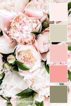 the color scheme is pink and grey with peonies in it, as well as green leaves