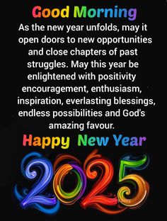 a happy new year message with colorful swirls and the words, good morning 205