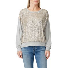 Ivory white sequin (95% Polyester, 5% Spandex). Sweatshirt. Long sleeves. Crew neckline. 24.5" from shoulder to hemline. Made in the Usa. Sweatshirt White, Rent The Runway, Closet Designs, Ivory White, White Sweatshirt, Off Duty, The Twenties, Lace Top, Sequin