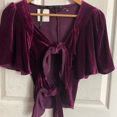 Cropped Purple Velvet Top, Ties In The Front. So Cute & Perfect For Date Night! Purple Velvet Top, Zara Croptop, Zara Halter Top, Crop Top Camisole, Polka Dot Crop Top, Denim Corset Top, Floral Ruffle Top, Denim Corset, Poplin Top