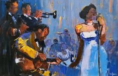 a painting of a woman in a blue dress singing into a microphone while two men play music behind her