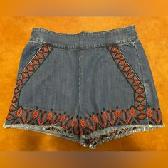 Nwot! Exquisite Embroidery That Makes These Shorts Stand Out. Very Nice Sturdy Material, Pockets On The Sides, And Overlap Flap In Back Under Zipper That Holds Shorts In Place. High Waist Embroidered Blue Bottoms, Blue Embroidered High Waist Bottoms, Blue High Waist Embroidered Bottoms, Casual Embroidered Mid-rise Bottoms, Casual Mid-rise Embroidered Bottoms, Embroidered Mid-rise Summer Pants, Embroidered Mid-rise Pants For Summer, Casual Mid-rise Bottoms With Floral Embroidery, High Waist Embroidered Cotton Bottoms