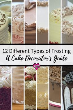 twelve different types of frosting and cake decorating guide with text overlay that says 12 different types of frosting and cake decorating guide