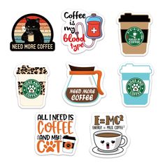 various stickers with coffee and cats on them